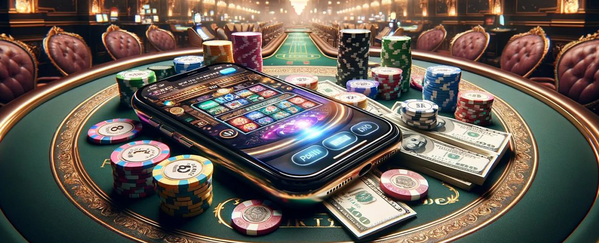 Dynamic scene of online sports betting interface with various table games, neon lights, and a Filipino player in the background.